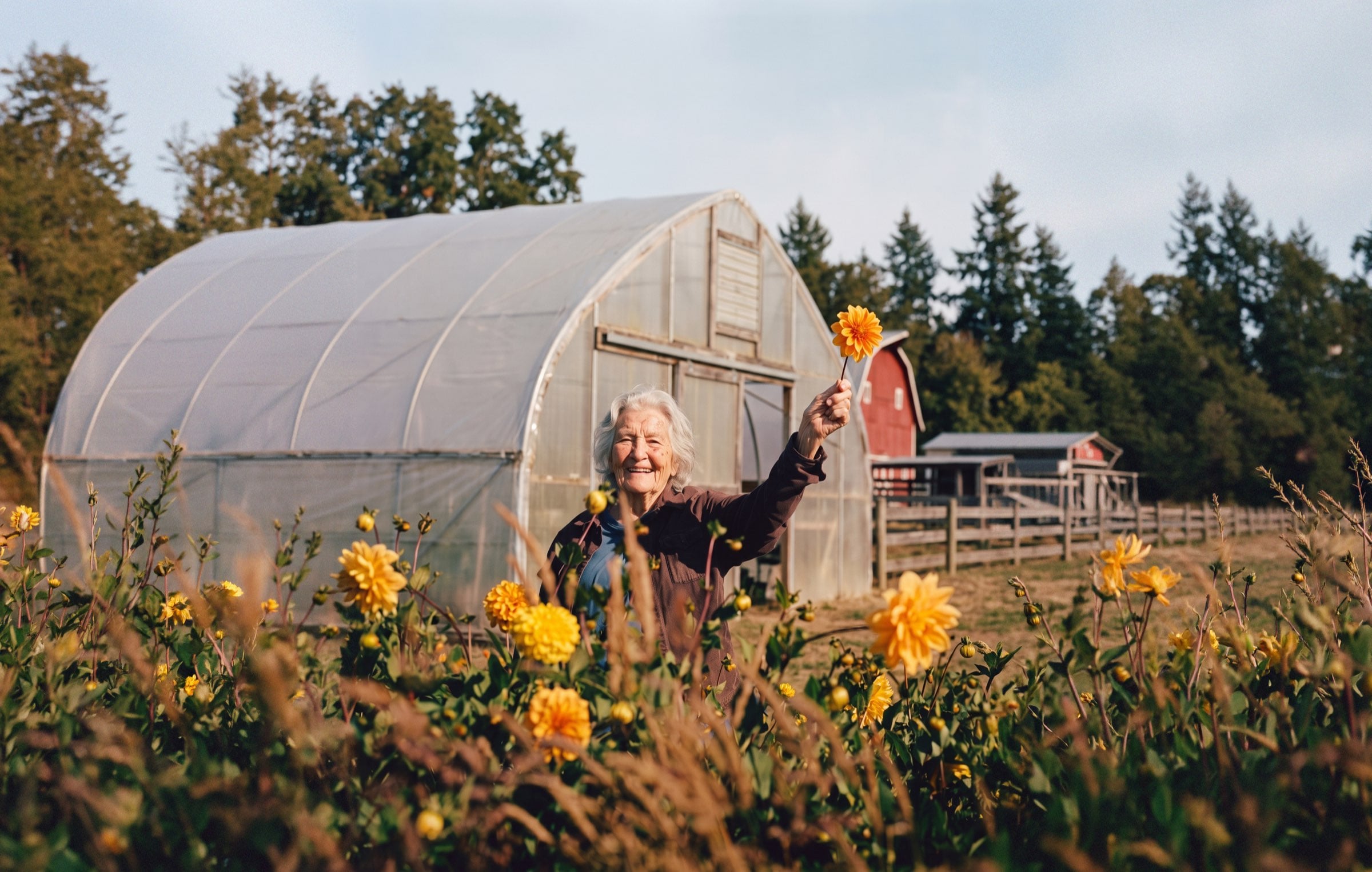 An older woman holding up a yellow dahlia in her garden