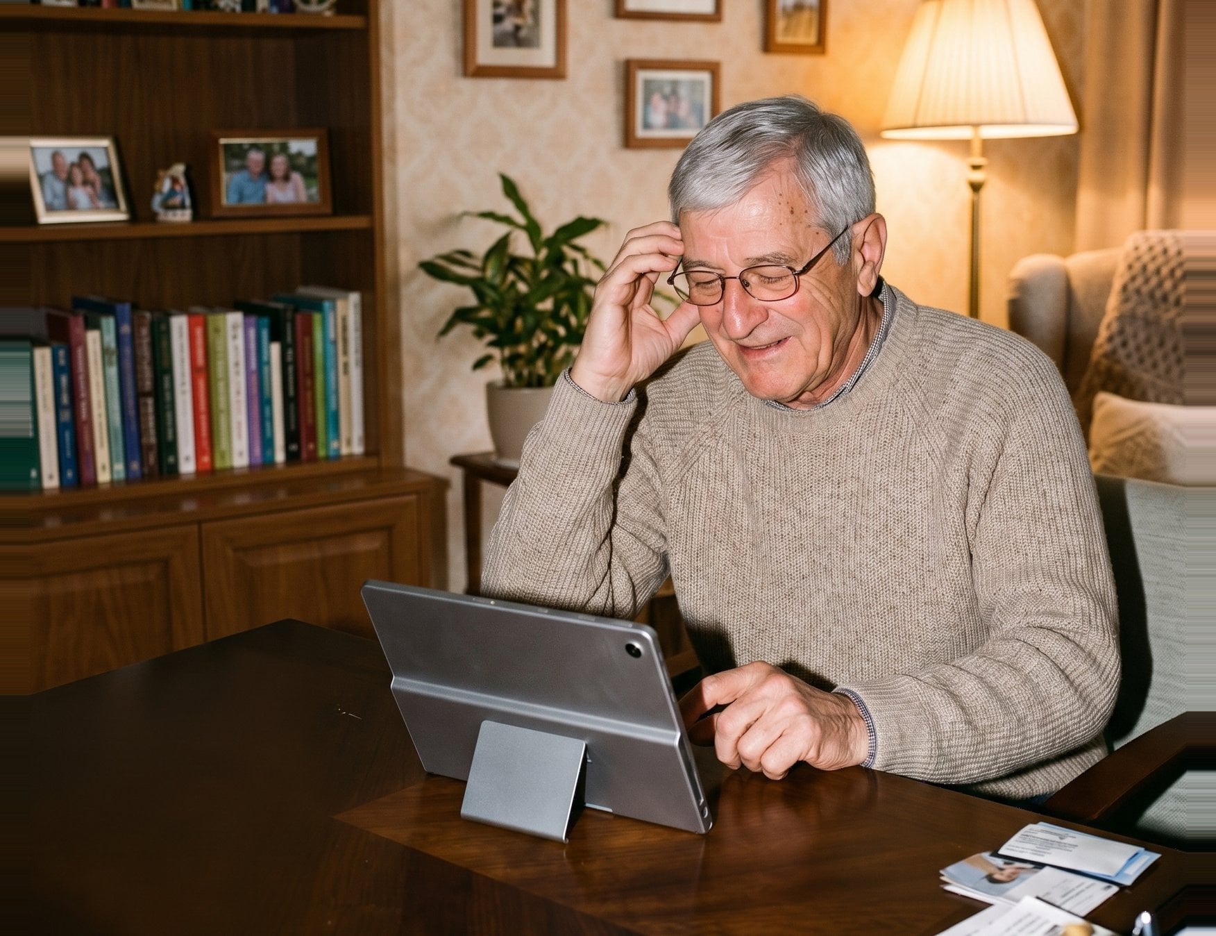 An older man at home talking to Olympia on its tablet